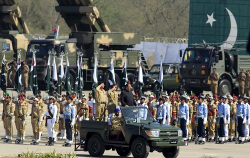 Pakistan's President Mamnoon Hussain inspects the troops during Pakistan Day parade in Islamabad March 23, 2015.