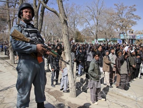 Ethnic Hazara demonstrators gather in a protest demanding action to rescue Hazaras kidnapped from a bus by masked men who many believe are influenced by Islamic State, in Ghazni March 17, 2015. REUTERS