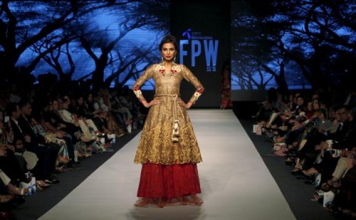 A model presents a creation by Pakistani designer Sanam Chaudri during the Fashion Pakistan Week (FPW) in Karachi April 1, 2015. Reuters
