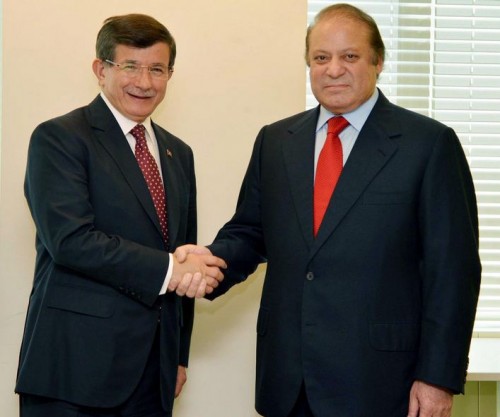 Prime Minister Nawaz Sharif shakes hand with Prime Minister of Turkey Ahmet Davutoglu prior to a delegation level meeting in New York. 