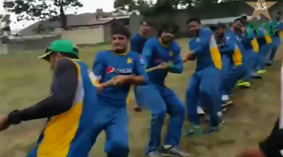 National cricket players beat trainers in tug of war at Kakul