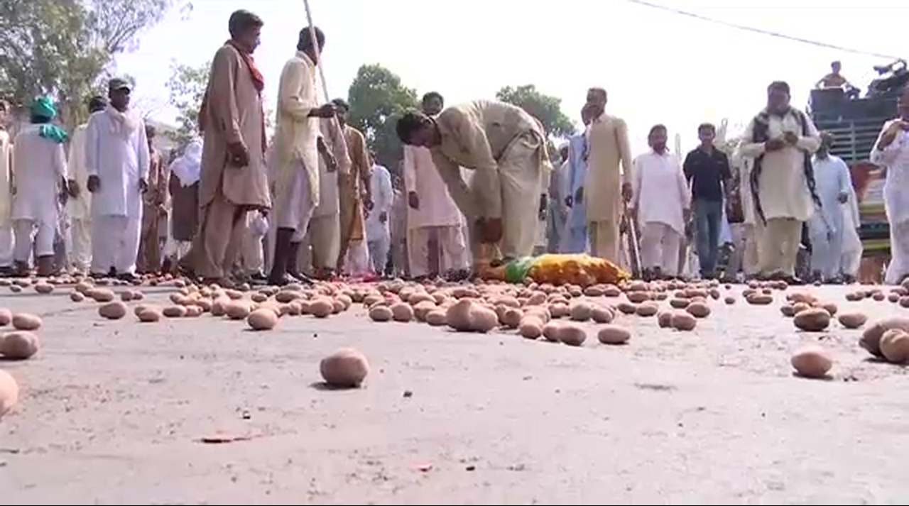 Farmers block Charing Cross by throwing potatoes, tomatoes