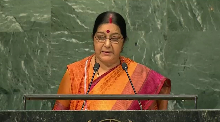 Sushma stages new drama in UN, declares Kashmir integral part of India