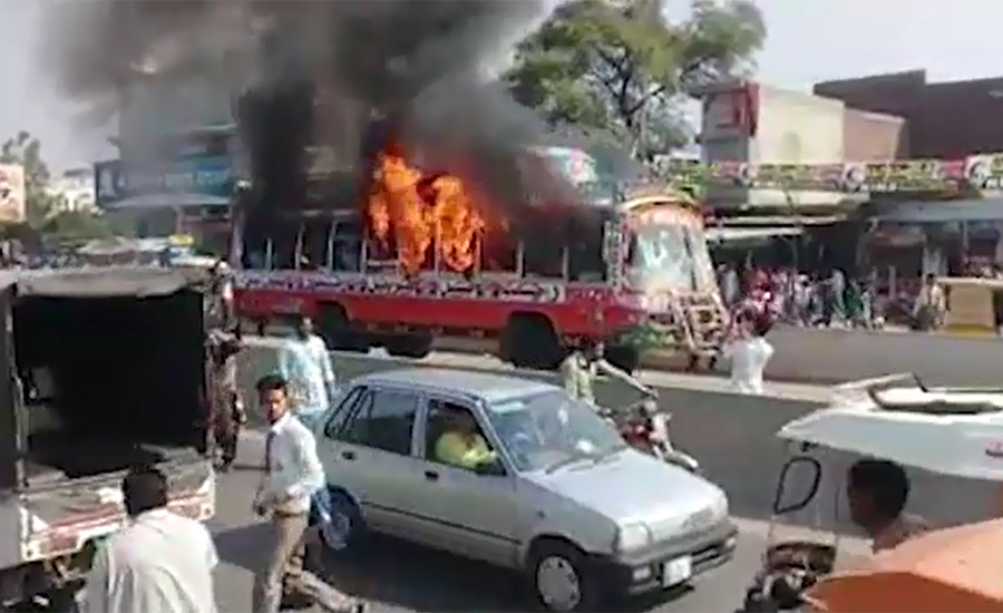 Bus set ablaze after student’s death in Sialkot