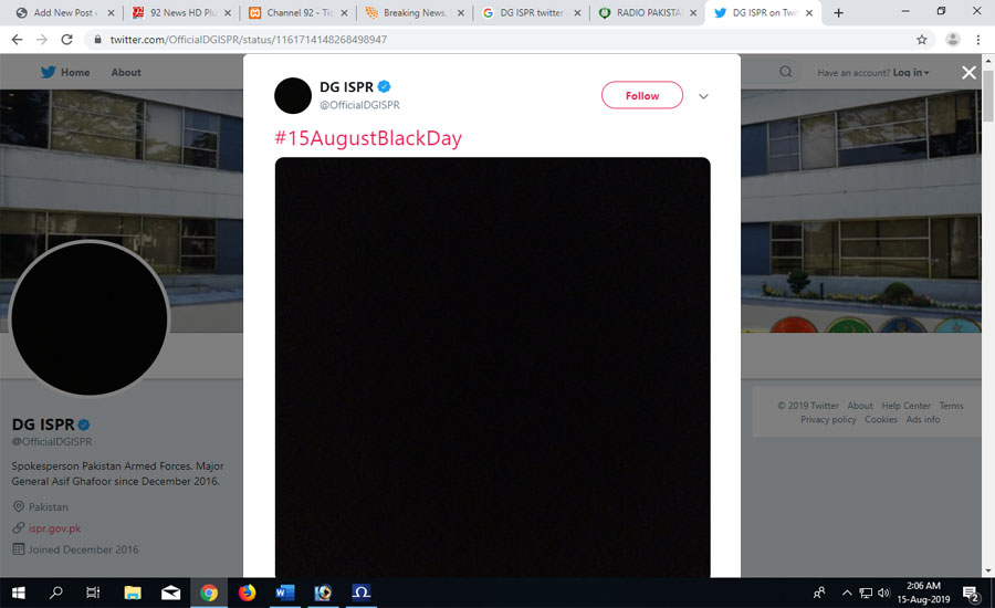 Asif Ghafoor's twitter DP is now black to observe India's ID as Black Day