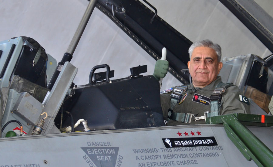 Army chief visits PAF Base Mushaf, flies in F-16 aircraft