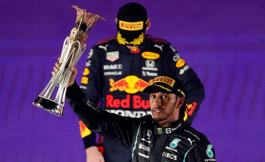 British motorsports racing driver Hamilton wins crazy Saudi GP to level with Verstappen
