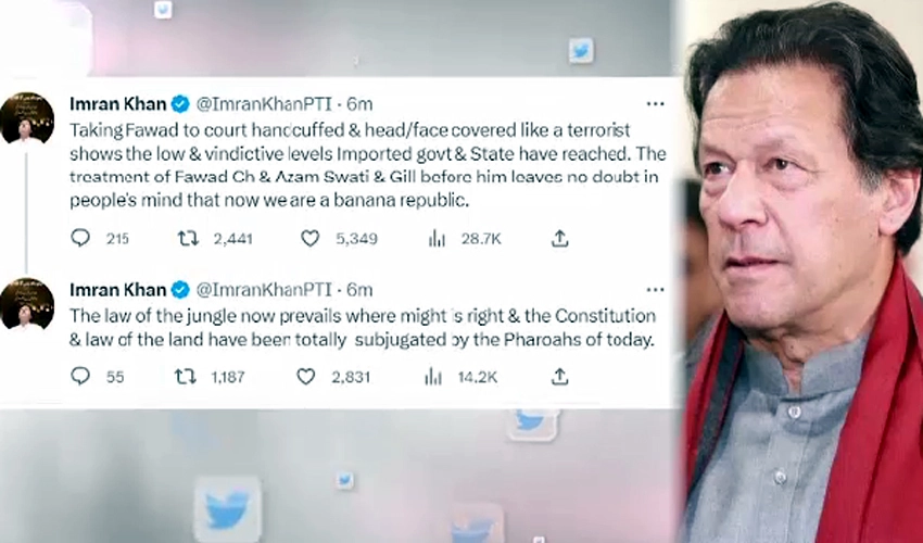Taking Fawad Ch to court handcuffed like a terrorist shows imported govt's low level: Imran Khan